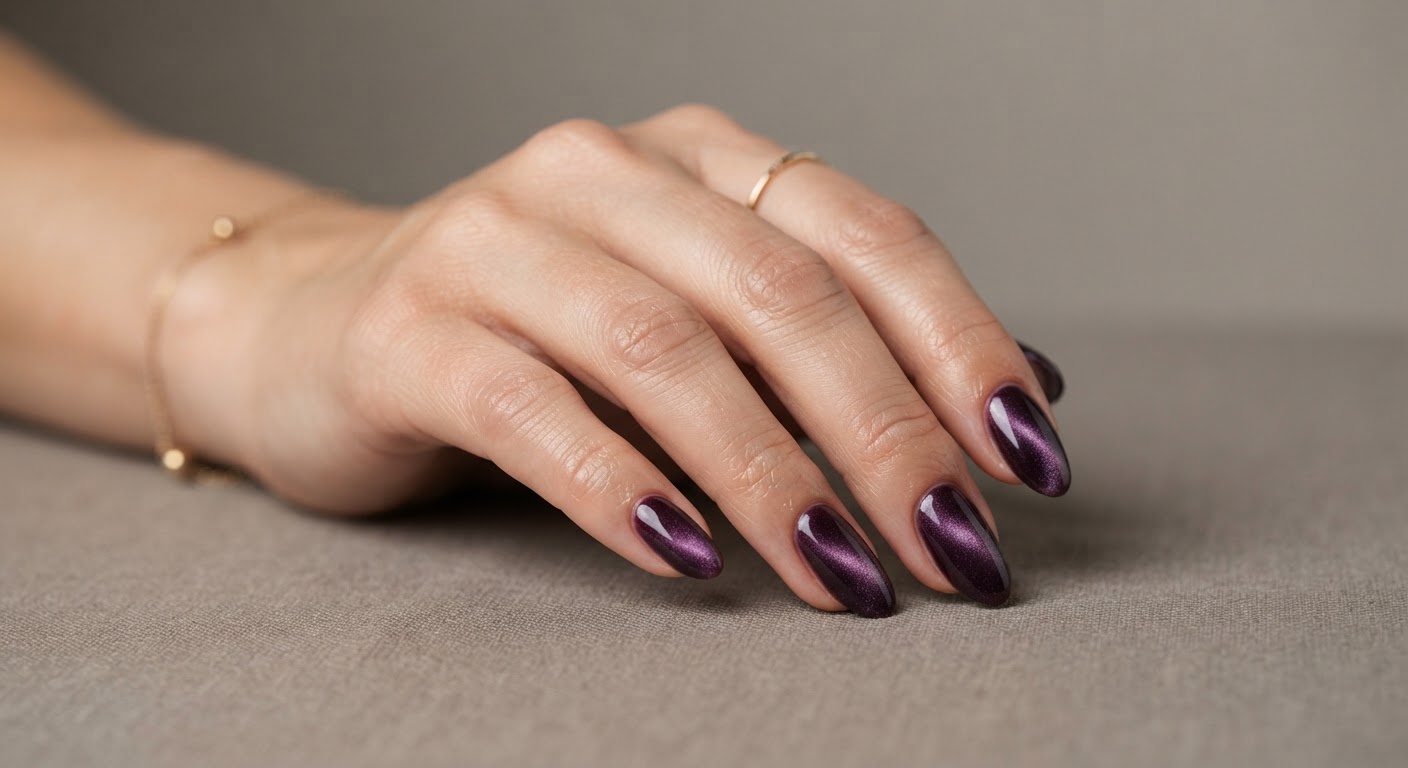Medium almond acrylic nails in a deep plum velvet cat-eye finish