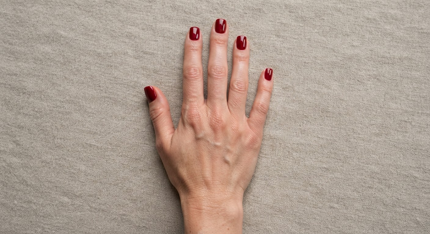 Short, softly squared acrylic nails in a glossy deep cherry red