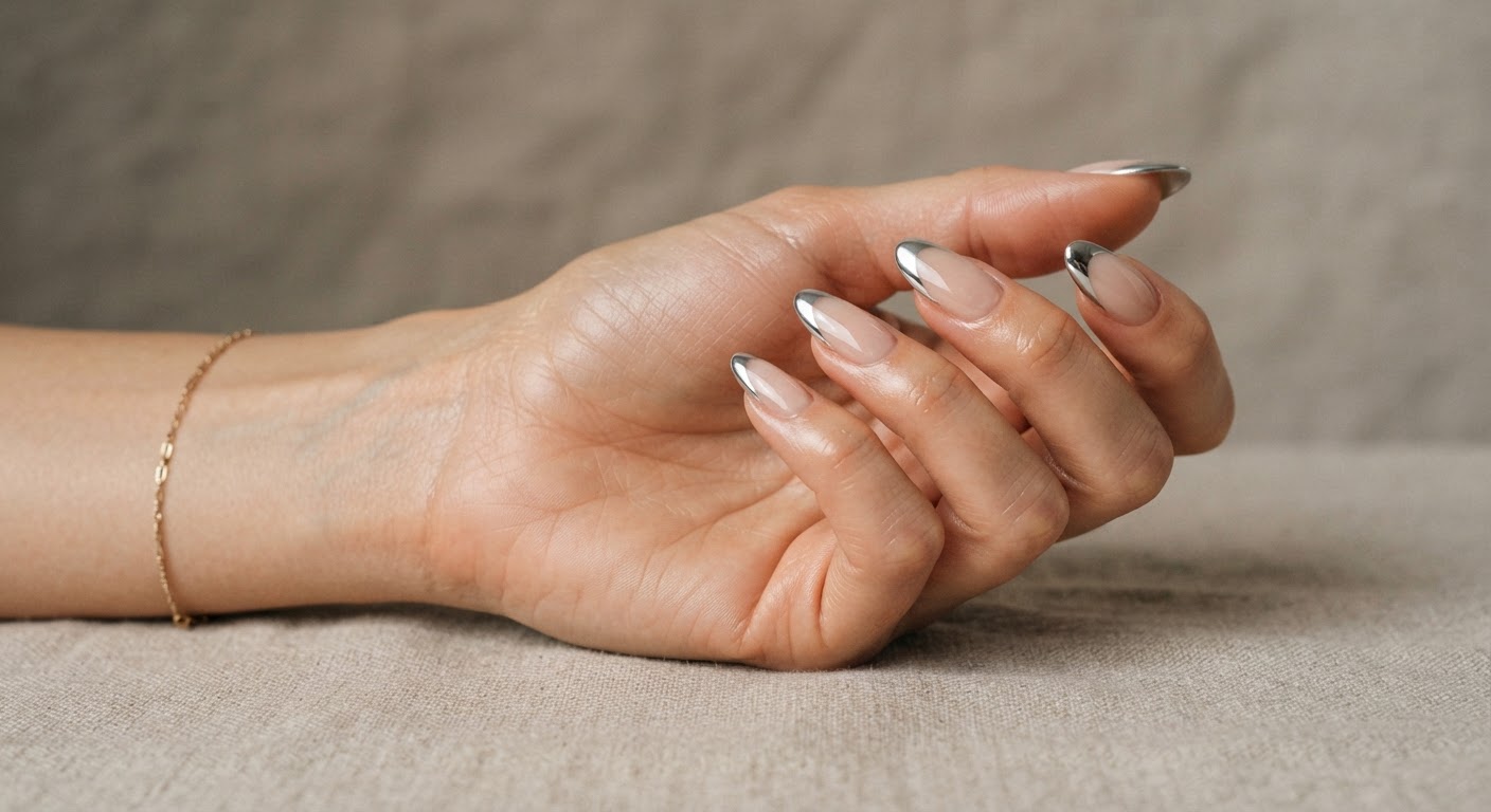 Almond acrylic nails with a sheer nude base and silver chrome French tips