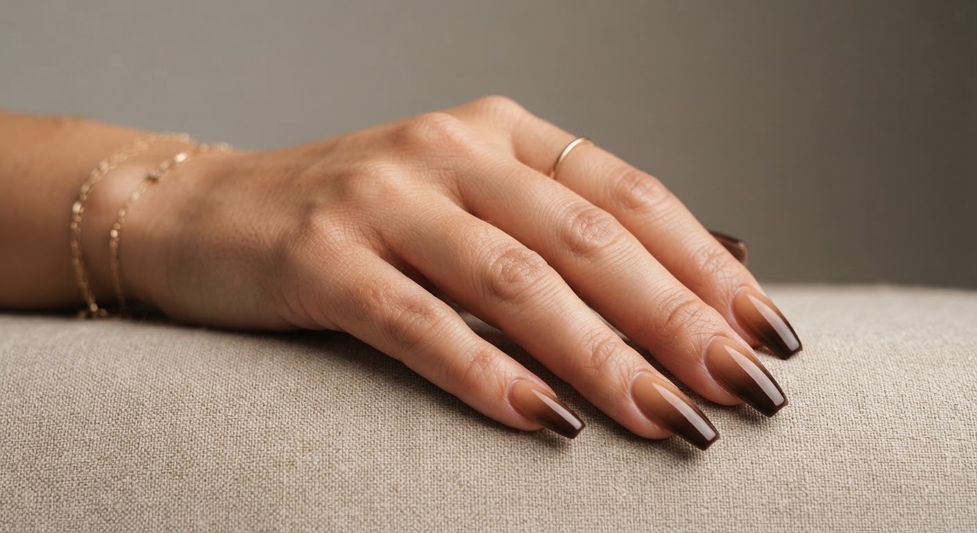 Long coffin acrylic nails with a glossy espresso-to-caramel ombre