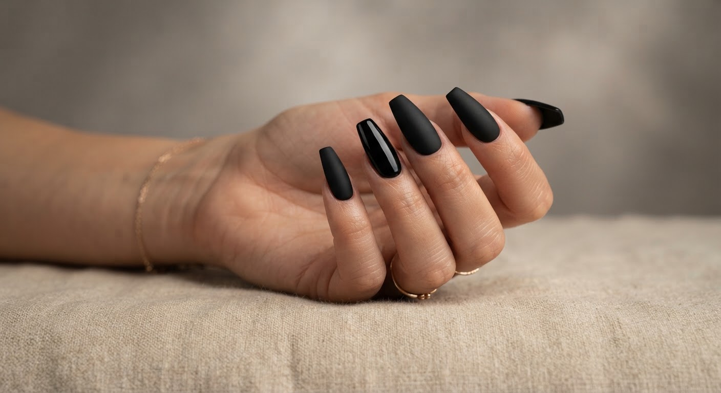 Long coffin acrylic nails in matte black with one glossy accent nail