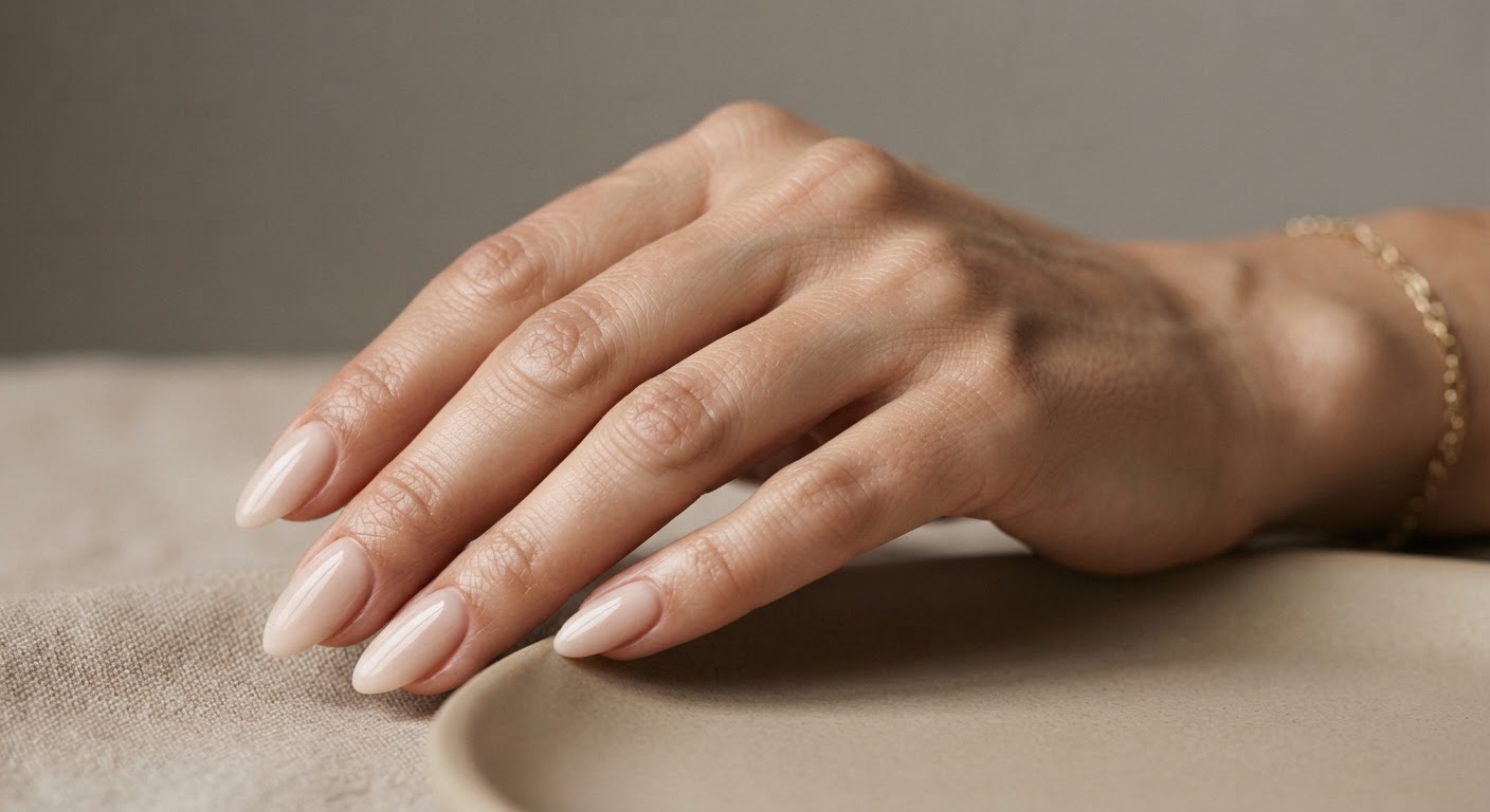 Glossy milky nude acrylic nails in a medium almond shape