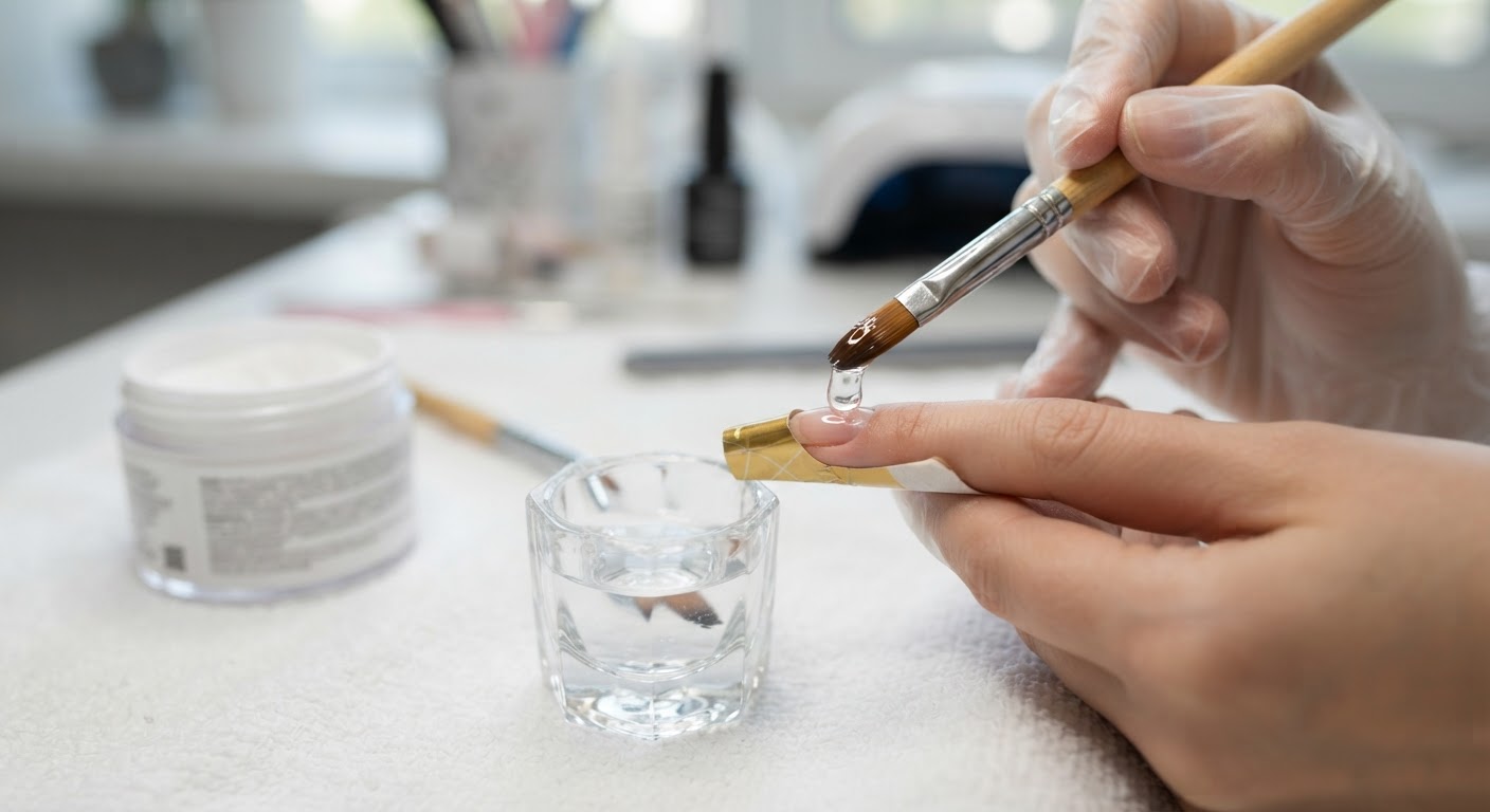 An acrylic brush lifting a wet bead of clear acrylic from a dappen dish beside a pot of powder