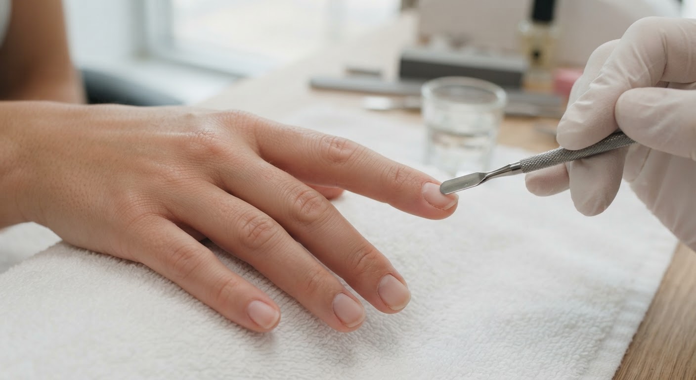 A nail technician pushing back a cuticle with a metal pusher on a bare natural nail before an acrylic application