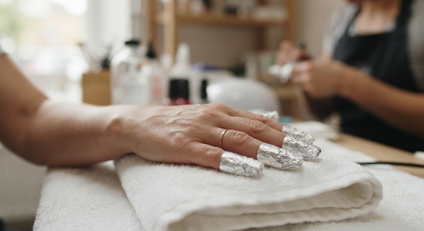 Fingertips wrapped in foil over acetone-soaked cotton during acrylic nail removal