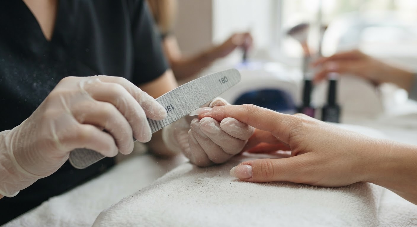 A nail technician filing the sidewall of a fresh clear acrylic extension