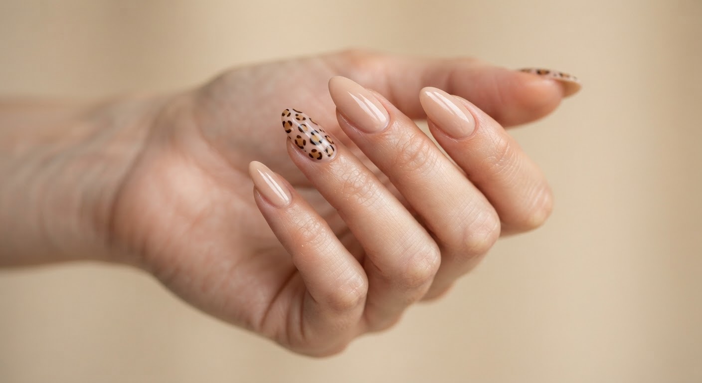 Minimalist leopard-print nail art in brown and camel on almond nails