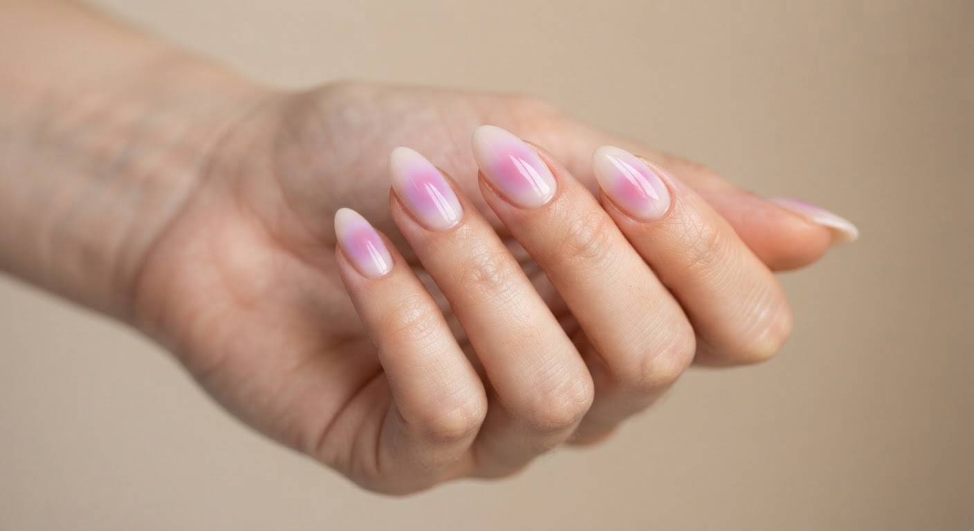 Diffused pink and lilac aura nail art on almond nails
