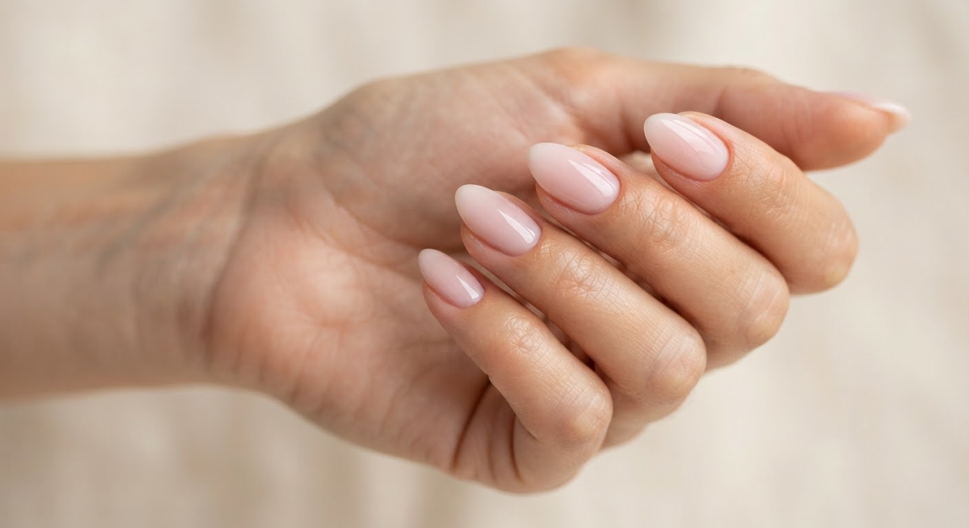 Soft baby-pink almond nails with a glossy finish