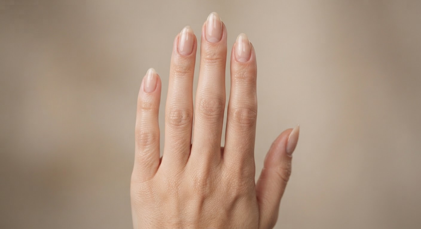 Glossy sheer nude almond-shaped nails on a well-groomed hand