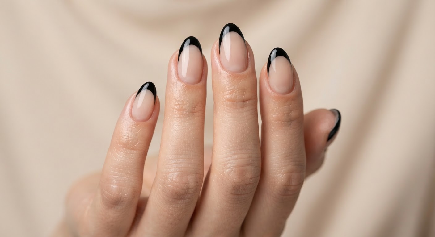 Black French tip over a sheer nude base on almond nails