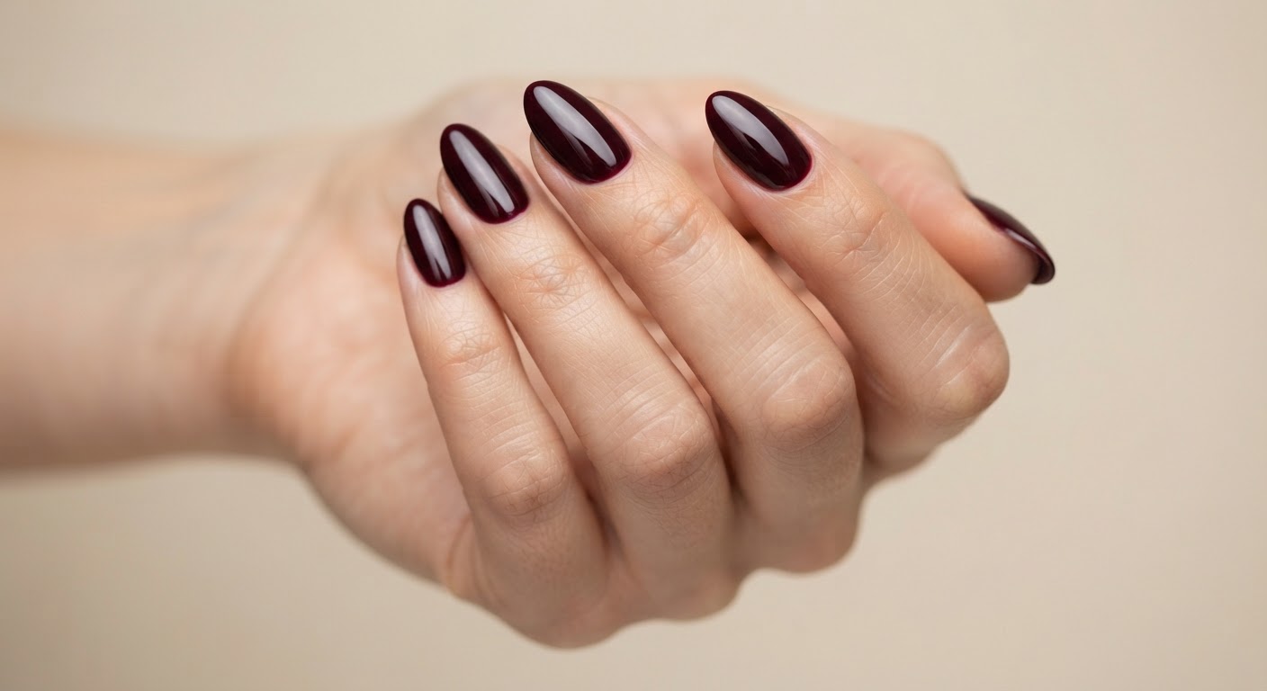 Deep black-cherry burgundy glossy almond nails