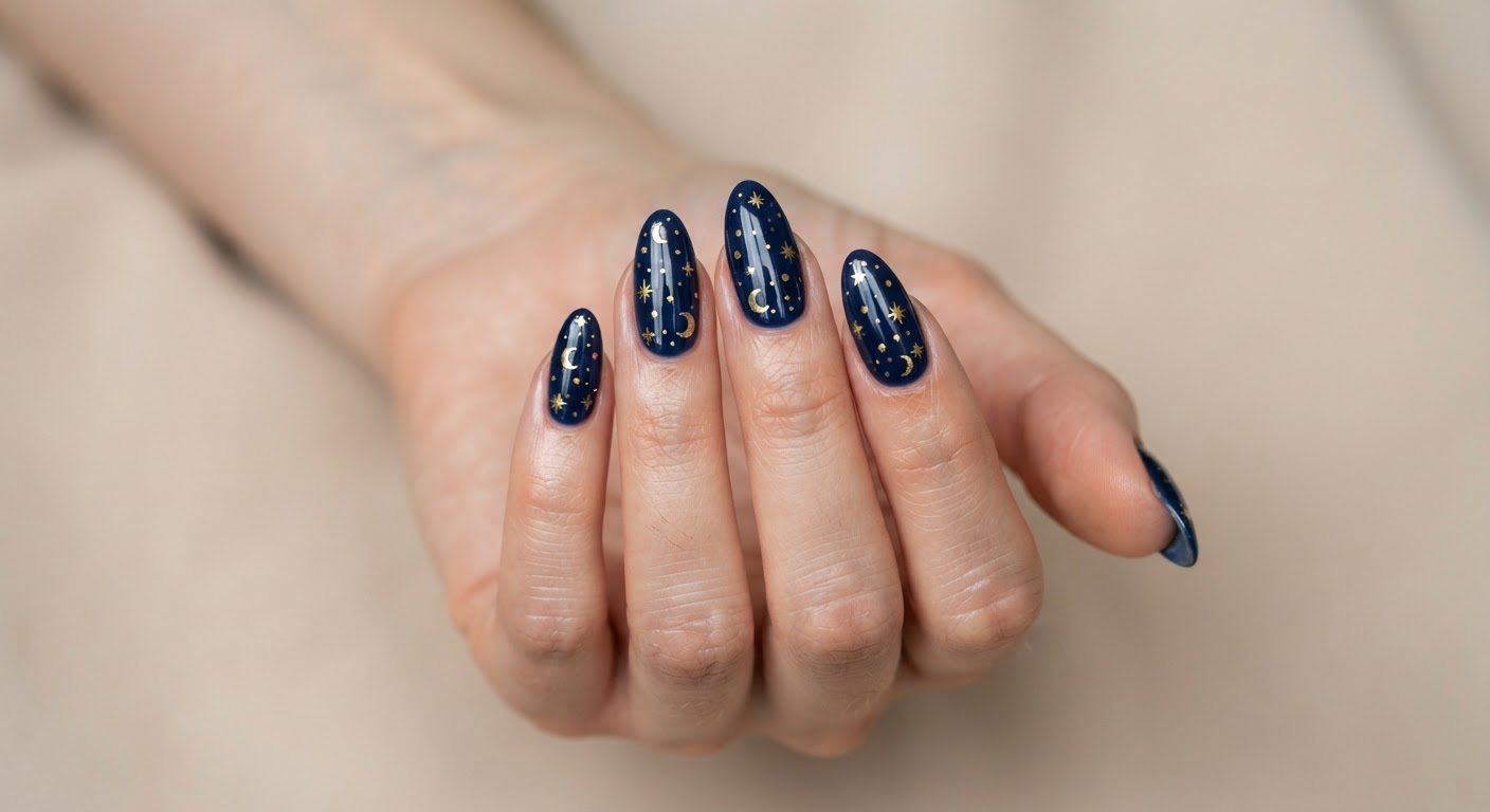 Gold star and crescent moon nail art on a deep navy almond manicure