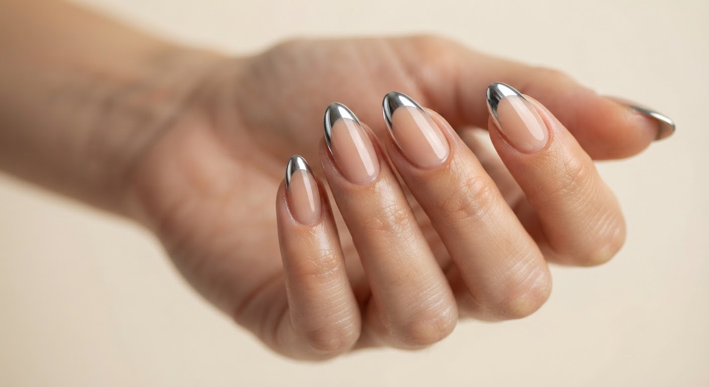 Metallic silver chrome French tip over a nude base on almond nails