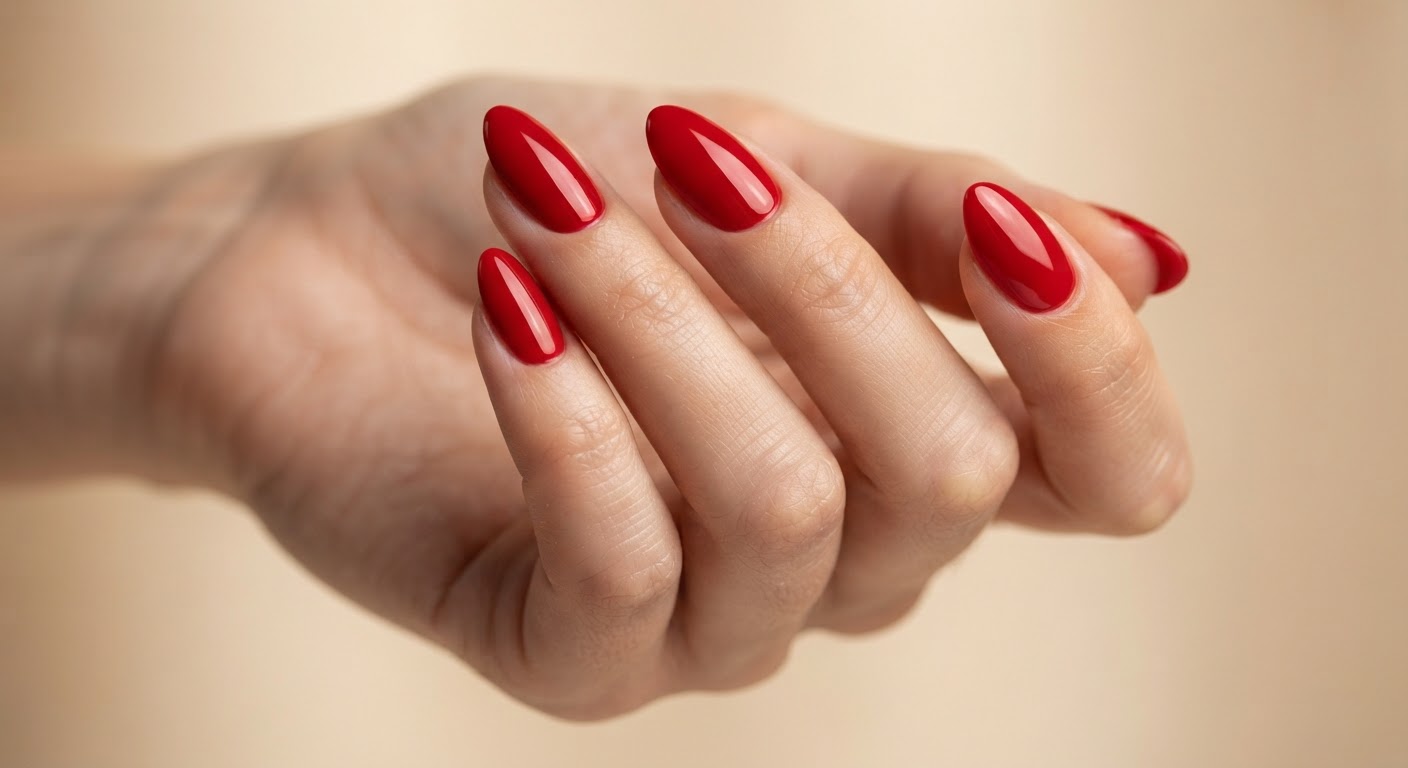 Classic true-red high-gloss almond nails