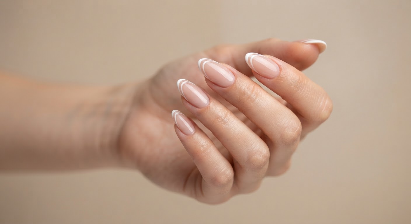 Double-line French manicure with two thin white lines on almond nails