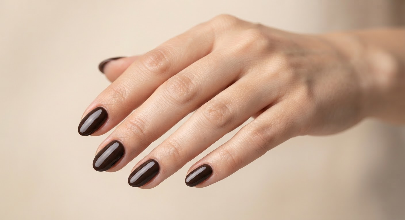 Rich espresso brown high-gloss almond nails