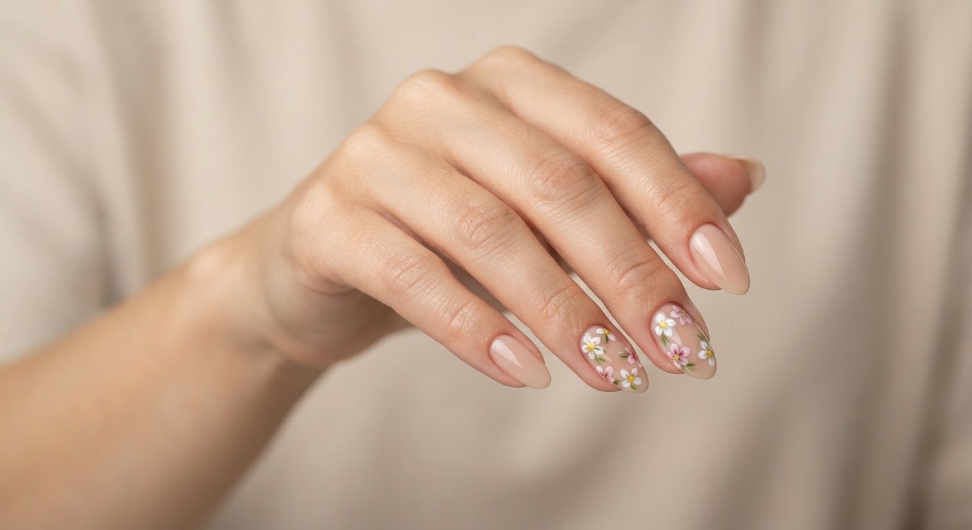Delicate white and pink floral nail art on a sheer nude almond manicure