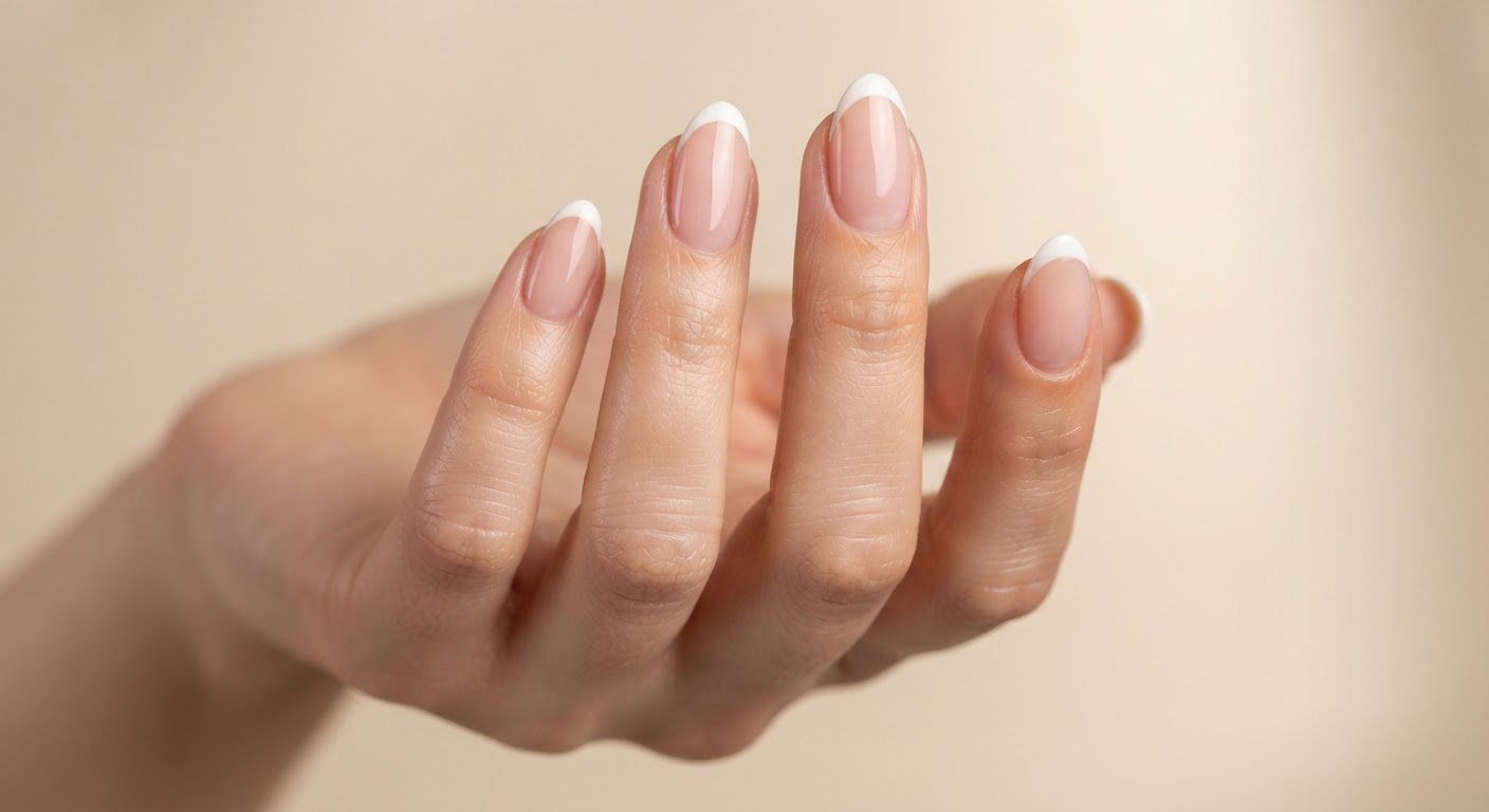 Classic white French tip over a sheer pink base on almond nails