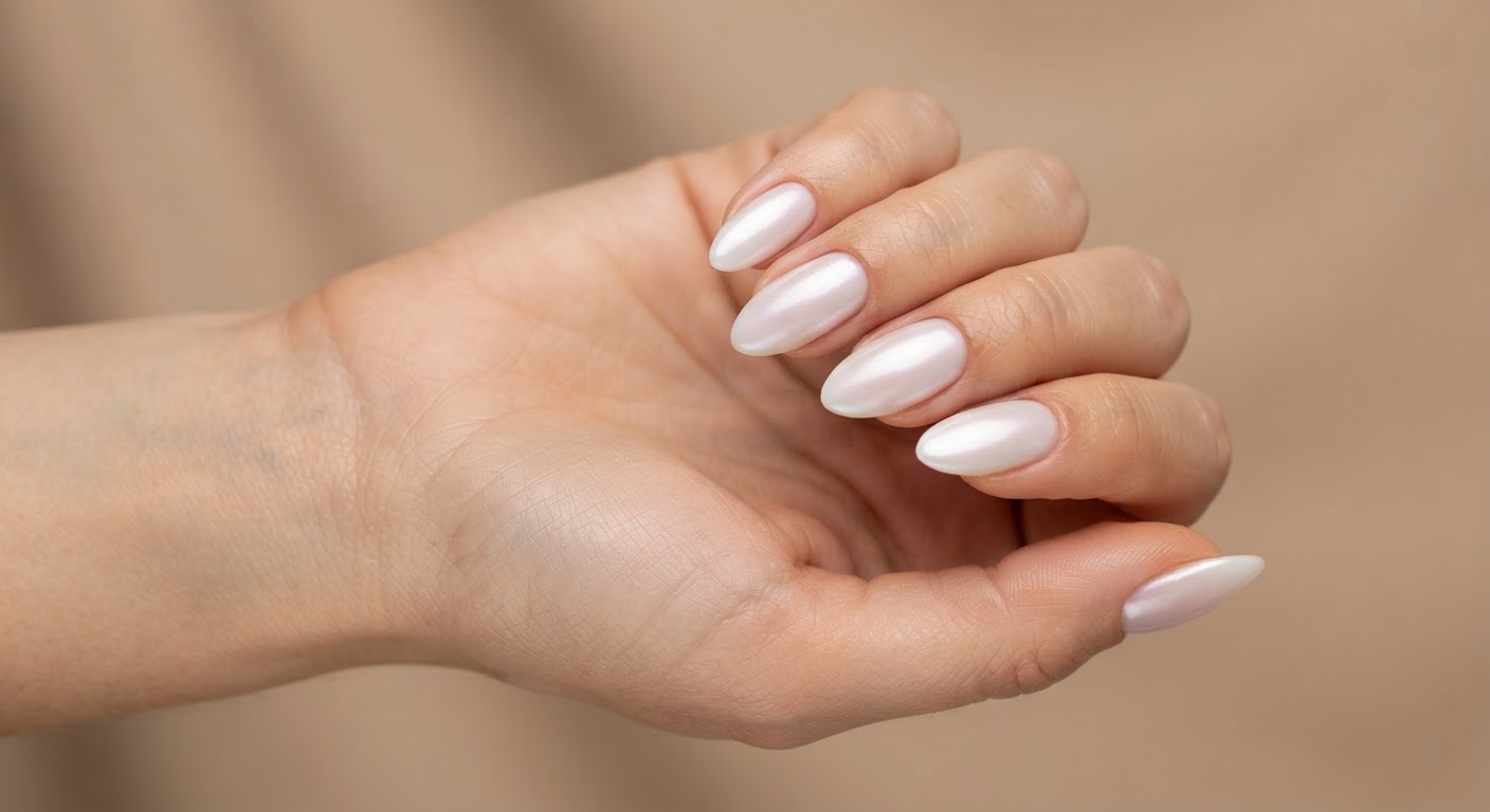 Pearlescent glazed donut finish on milky white almond nails