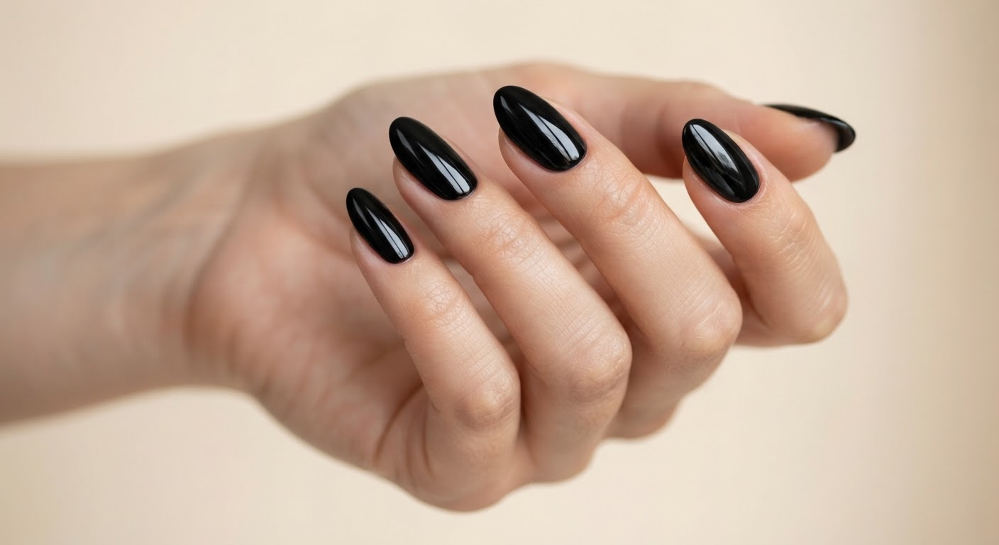 Jet-black ultra-glossy almond nails