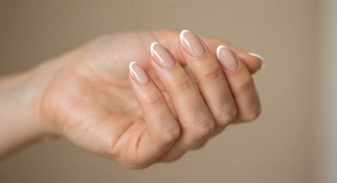 Ultra-thin micro French white tip over a sheer nude base on almond nails