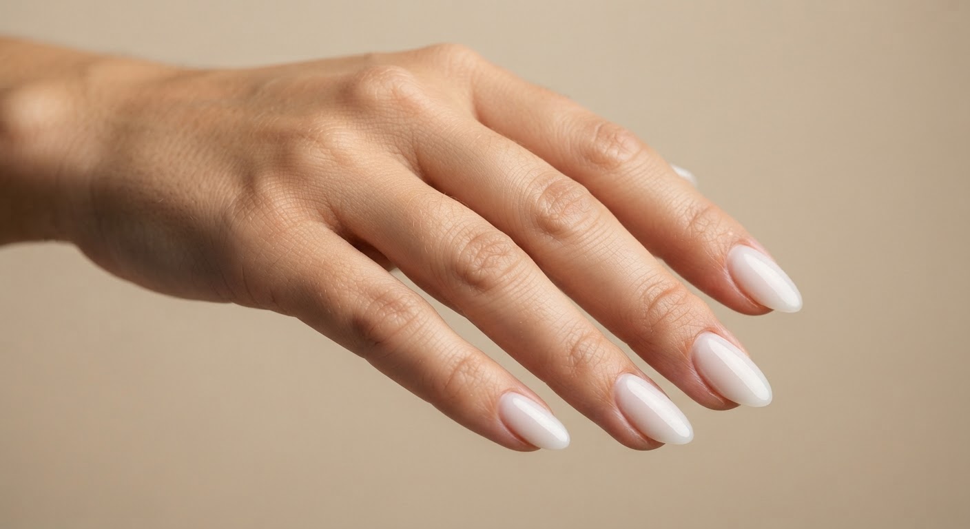 Translucent milky white almond nails with a glossy finish