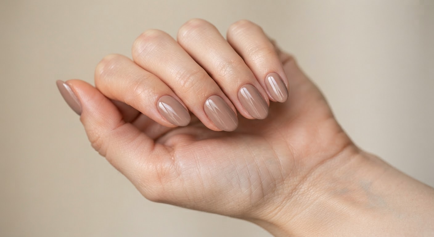 Light mocha mousse brown glossy almond nails