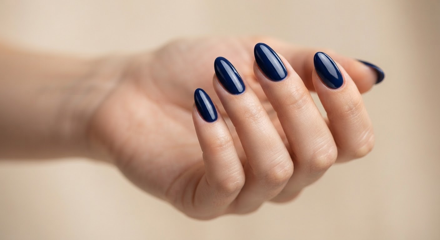 Deep navy blue high-gloss almond nails