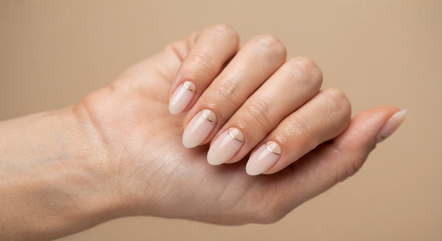 Negative-space nail art with a sheer base, nude cut-out and thin gold line on almond nails