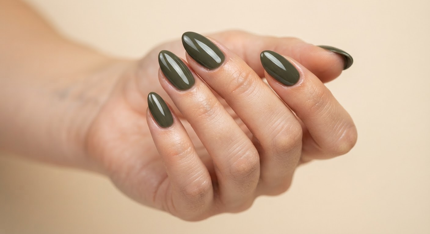 Smoky olive green glossy almond nails