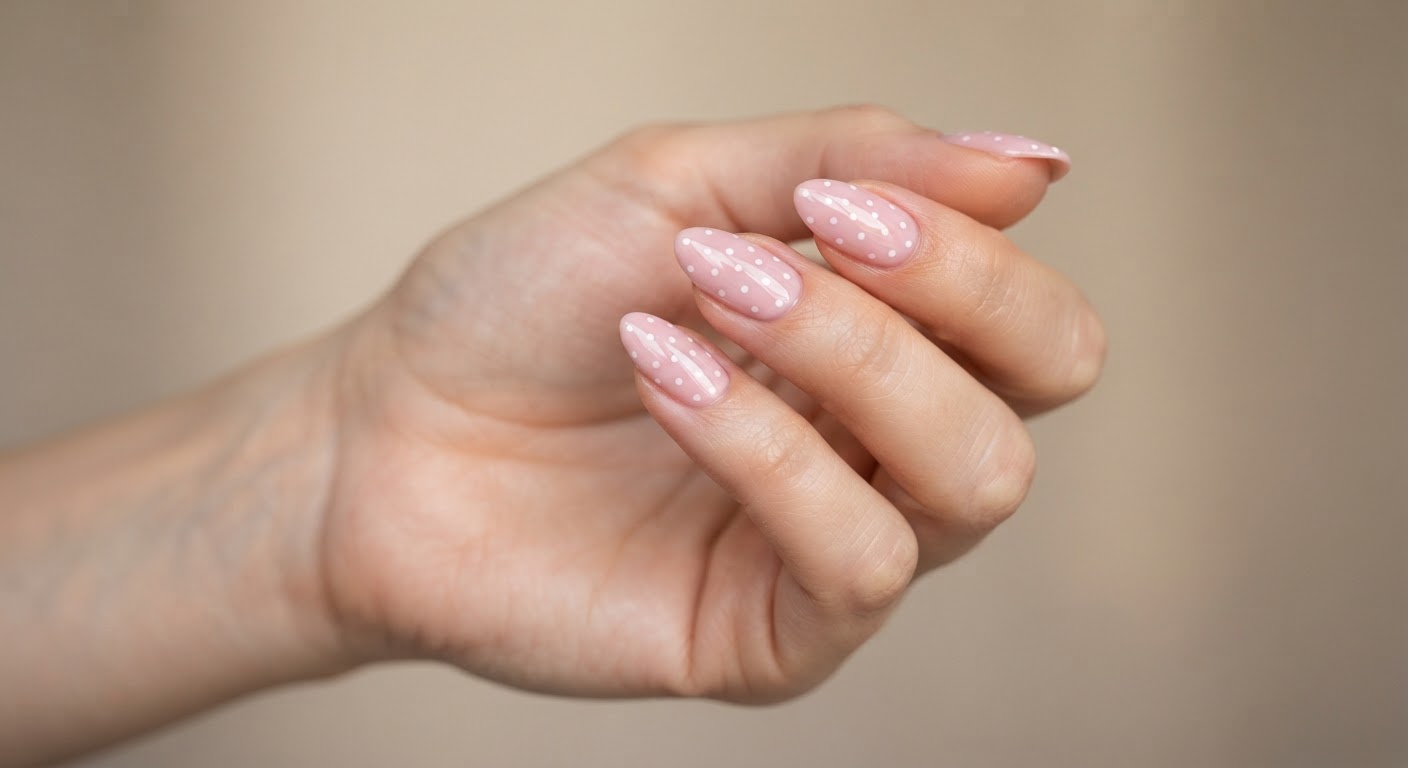 Small white polka dots on a soft pink glossy almond manicure