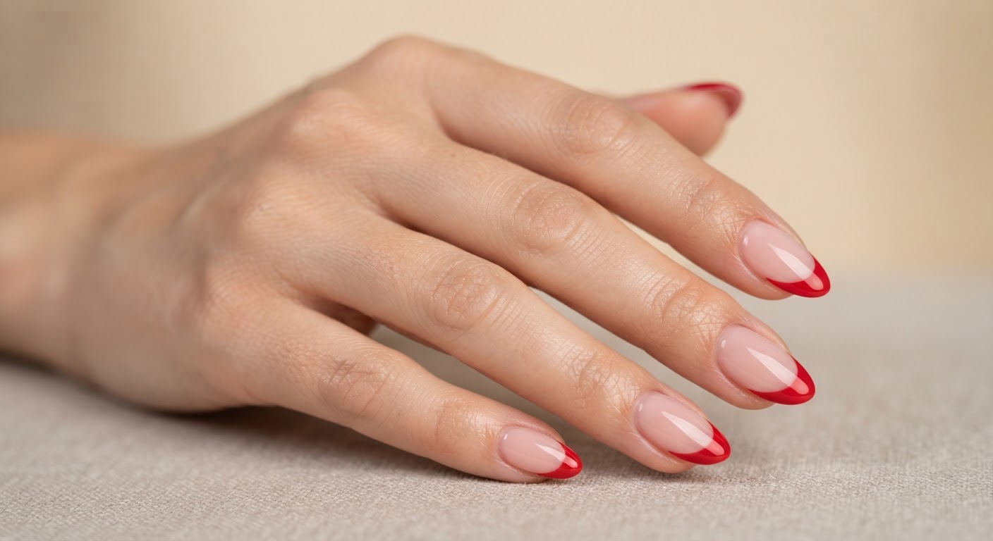Cherry-red French tip over a sheer base on almond nails