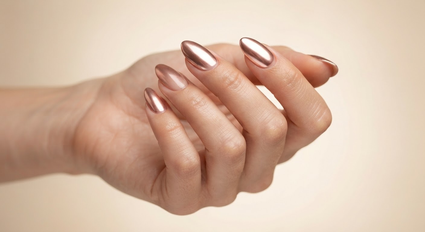 Rose gold metallic chrome finish on almond nails