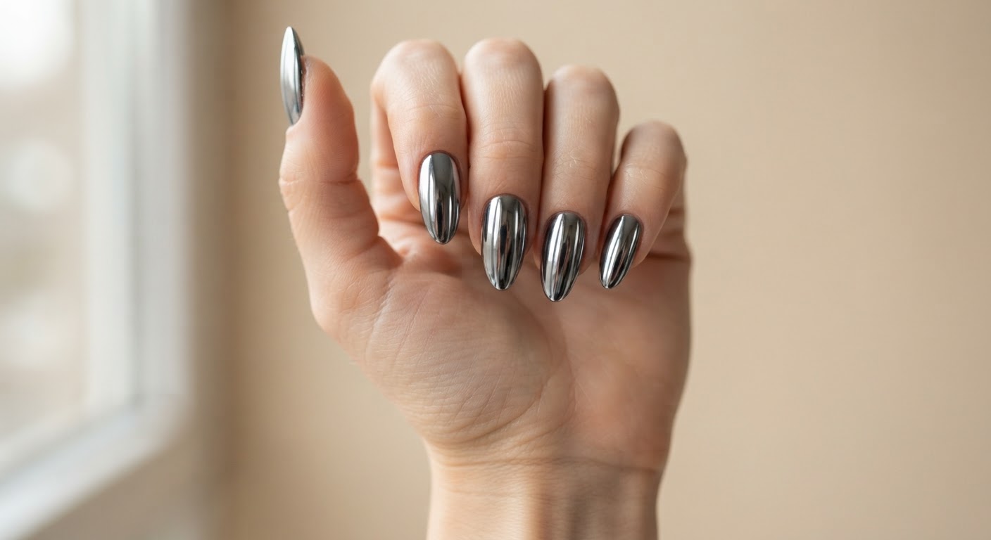 Mirror silver chrome finish on almond nails