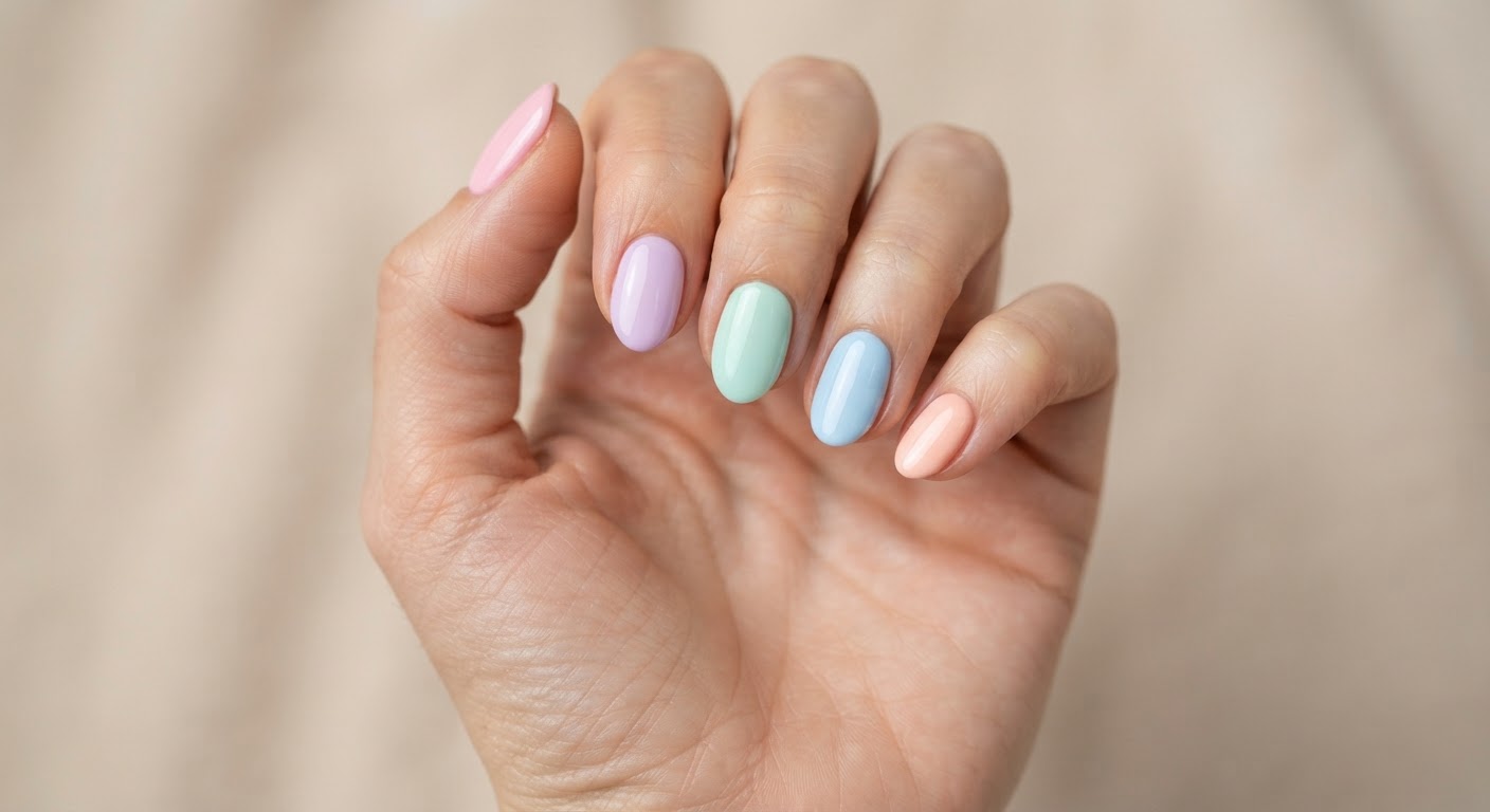 Pastel skittle manicure with a different color on each almond nail