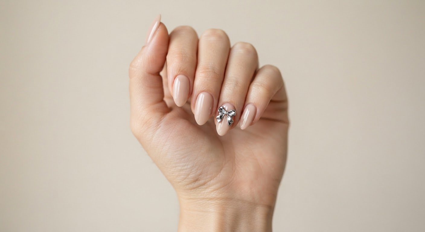 3D chrome bow charm accent on a glossy nude almond manicure