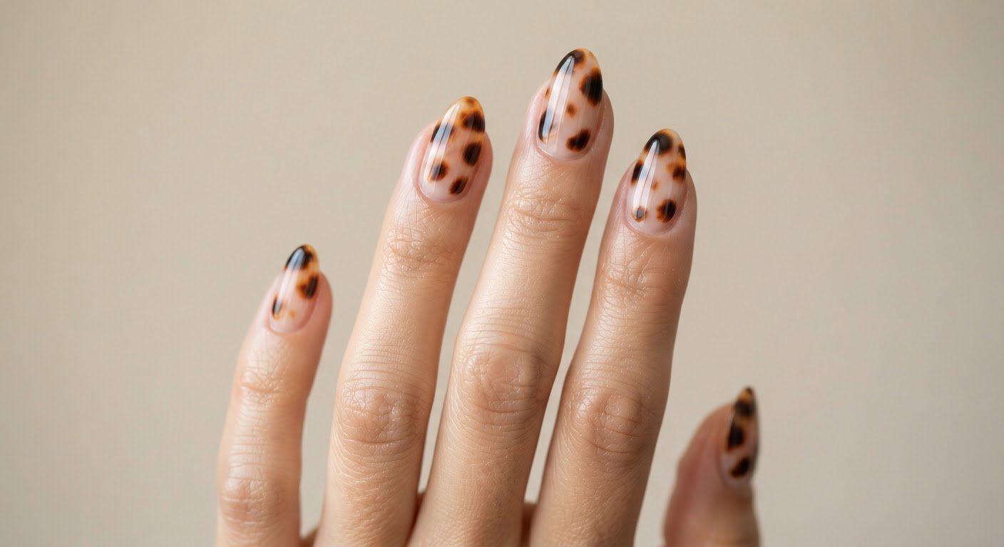 Tortoiseshell nail art with amber and dark-brown patches on almond nails