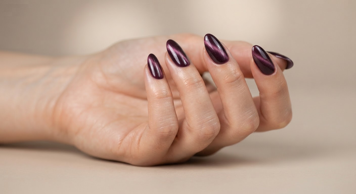 Deep plum velvet cat-eye magnetic finish on almond nails