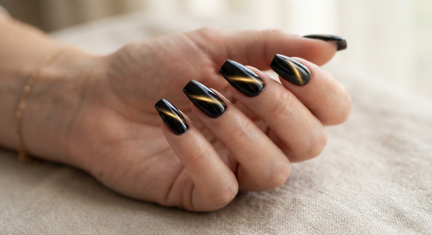 Glossy black cat eye magnetic gel nails in a coffin shape with a warm gold beam across each nail