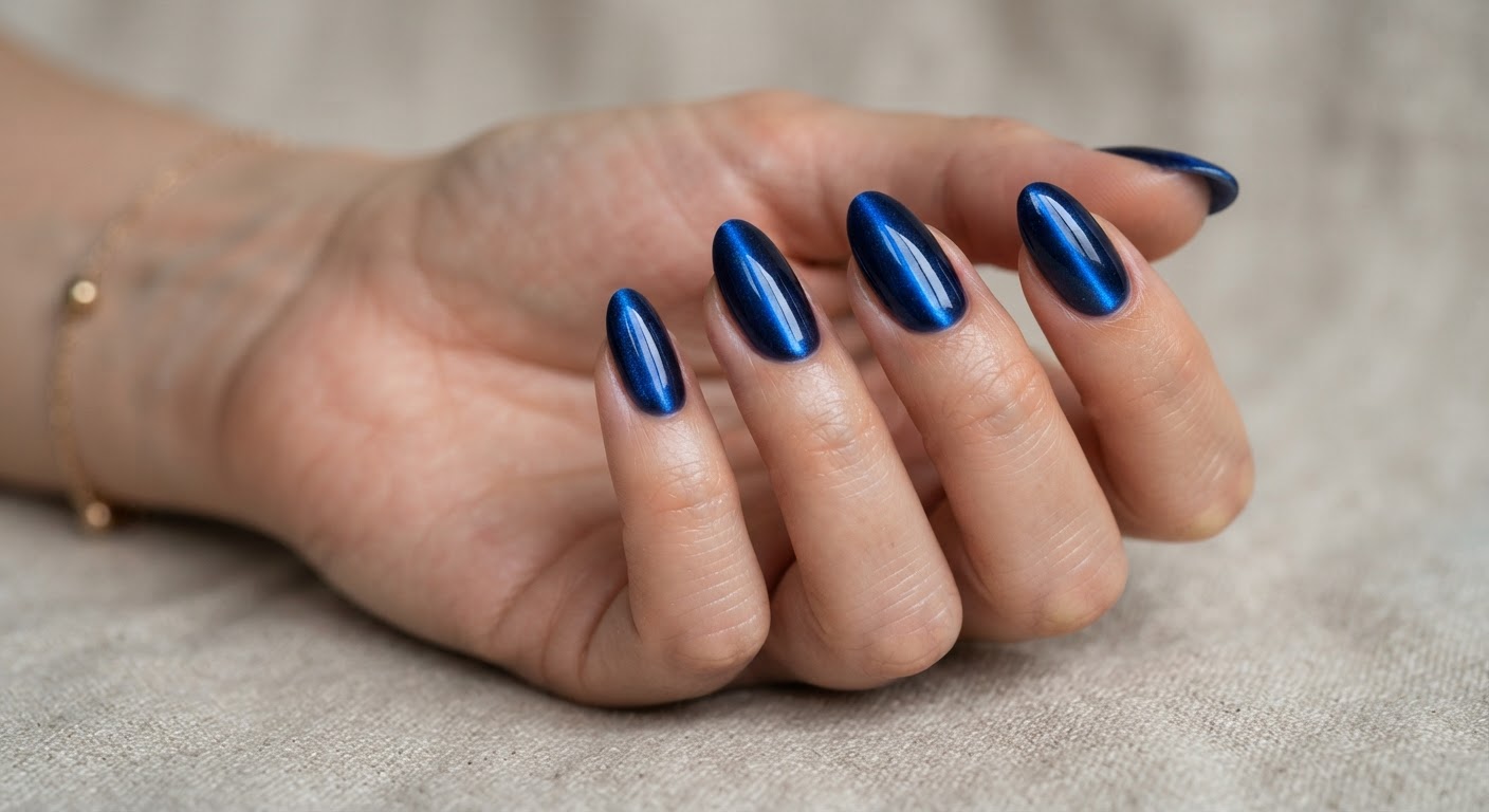 Deep sapphire blue cat eye magnetic gel nails in an almond shape with bright electric blue beams
