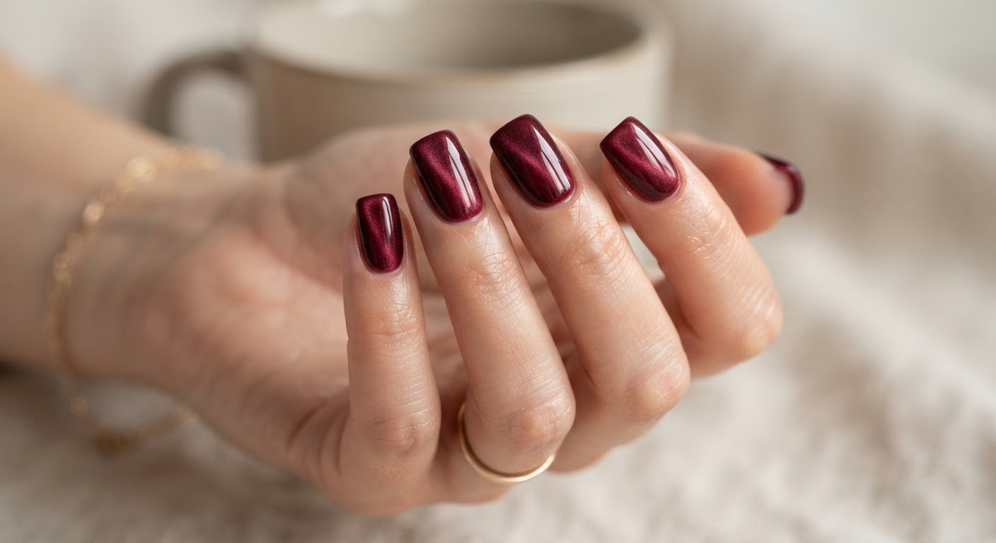 Burgundy wine velvet cat eye magnetic gel nails in a squoval shape with a soft diffused velvet shimmer