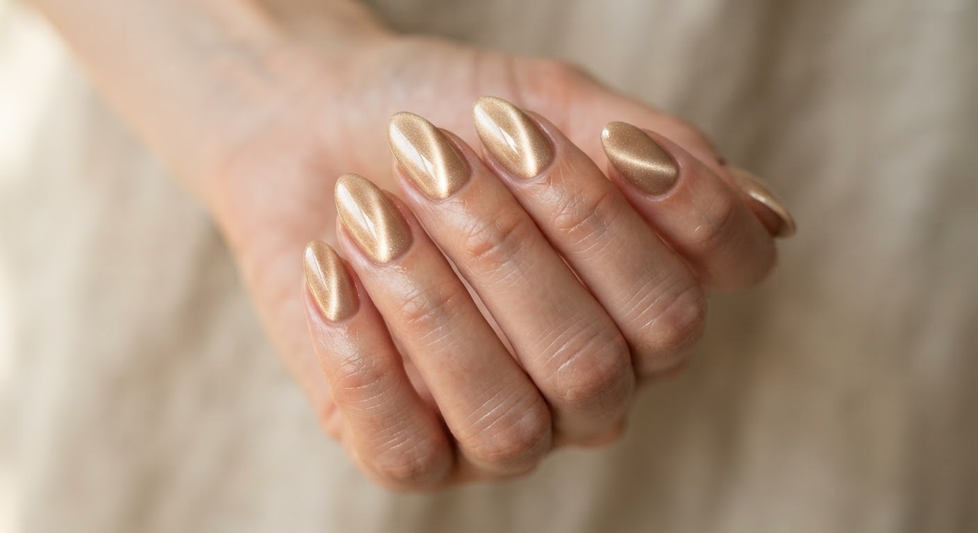Champagne gold cat eye magnetic gel nails in an almond shape with bright warm beams
