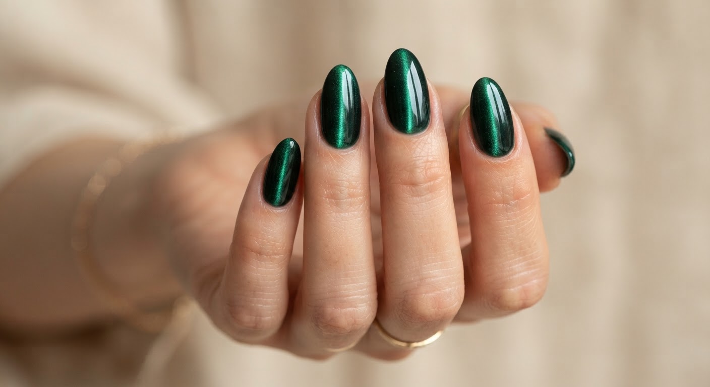 Emerald green cat eye magnetic gel nails in an almond shape with vertical cat eye beams