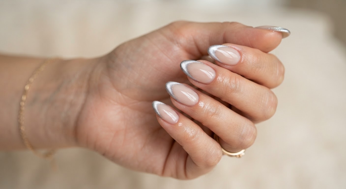 Cat eye French tip nails with a sheer milky nude base and a shimmering silver magnetic band at each tip