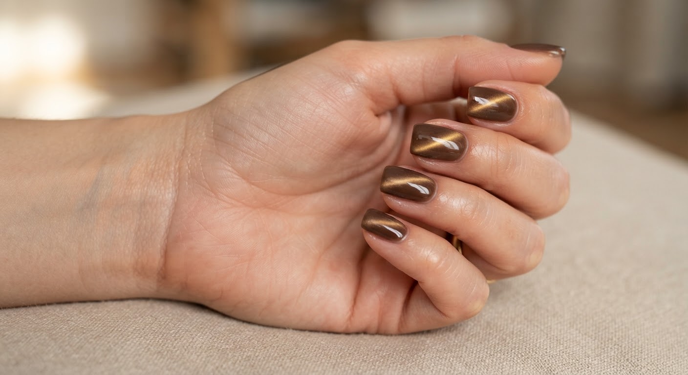 Coffee brown nude cat eye magnetic gel nails in a short square shape with soft golden beams