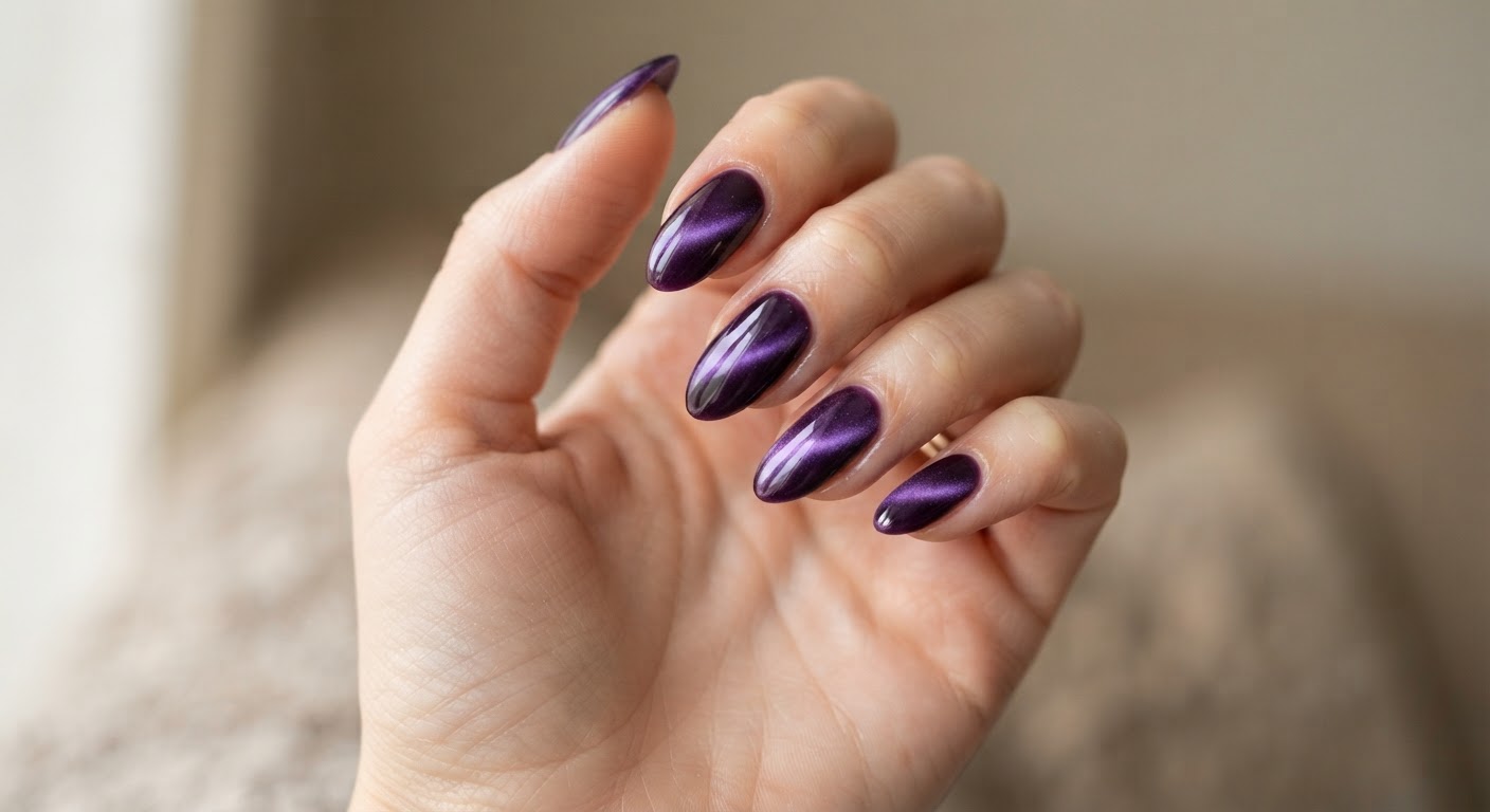Deep purple velvet cat eye magnetic gel nails in an almond shape with a soft violet velvet shimmer