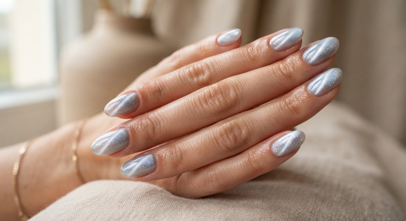 Glassy silver aurora cat eye magnetic gel nails in a short almond shape with an iridescent shimmer