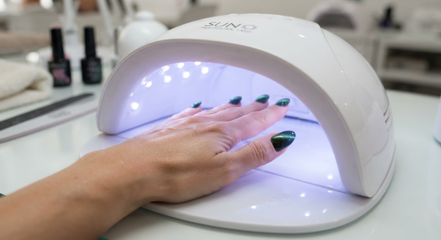 A hand with dark green cat eye magnetic gel nails curing inside a UV LED nail lamp