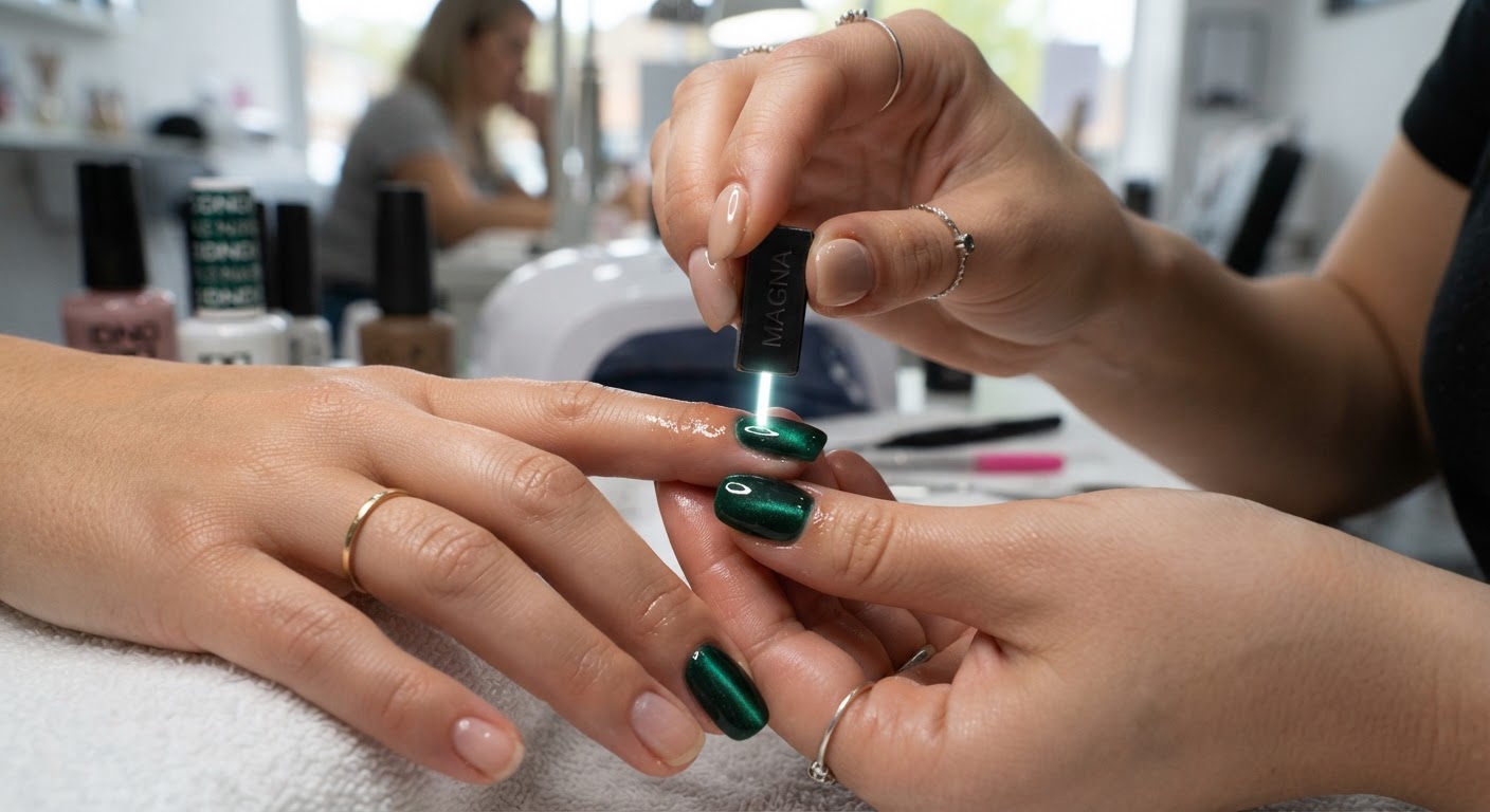A nail technician holding a bar magnet above wet cat eye gel, forming a bright beam in the polish